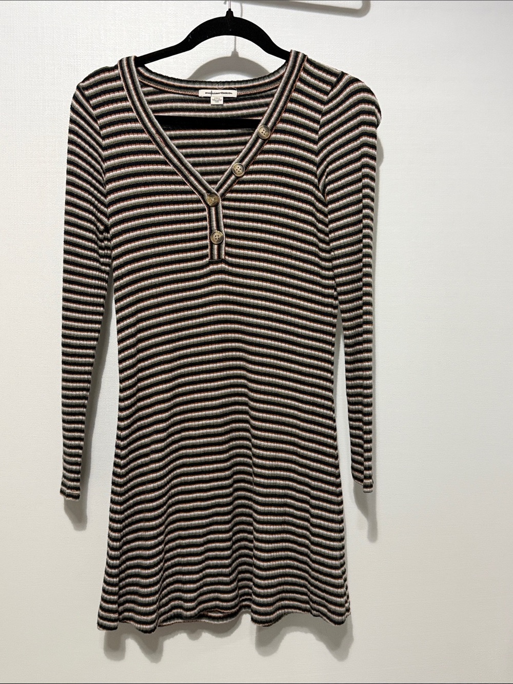 American Eagle Outfitters Striped Long-Sleeve Knit Dress in Black and Cream